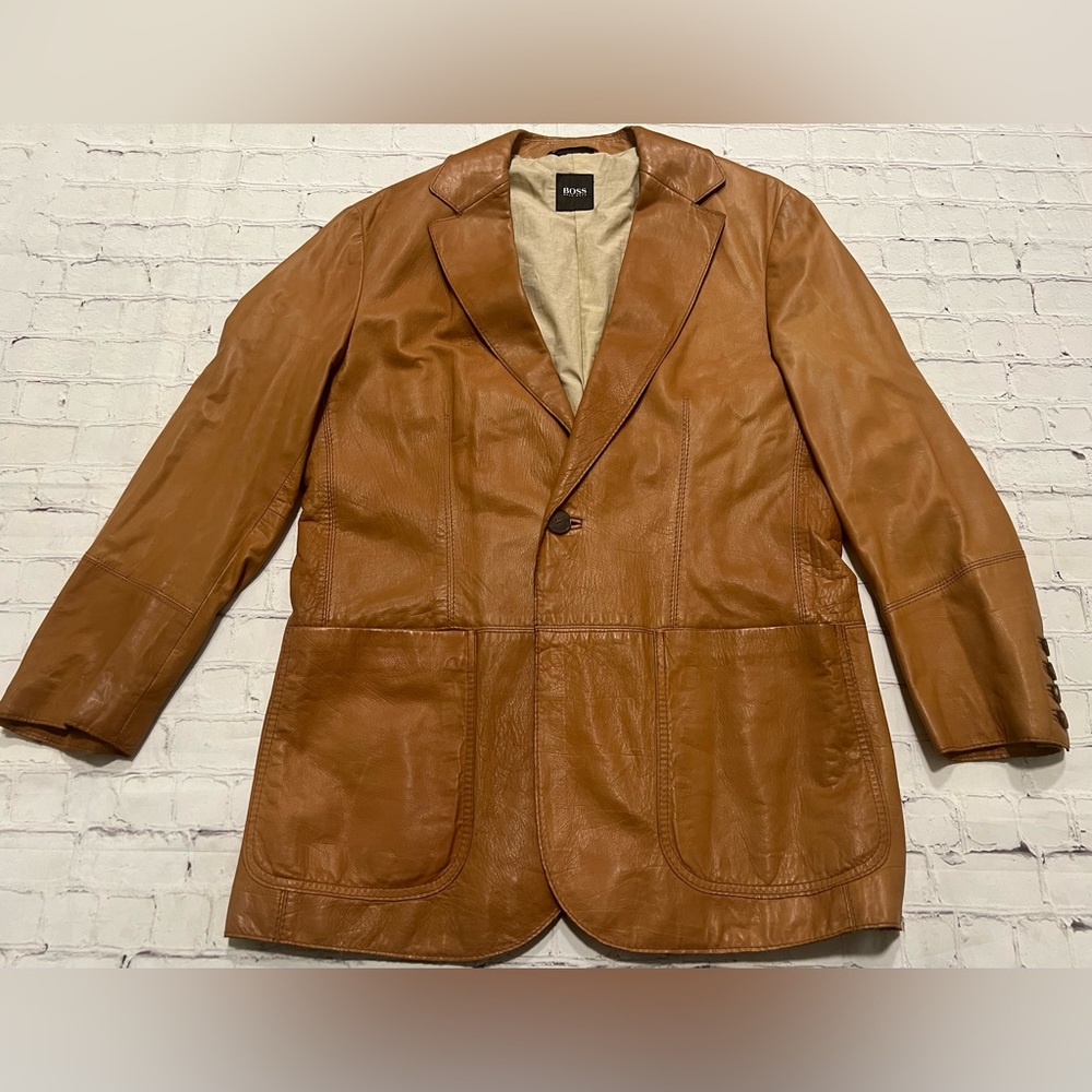 Hugo Boss Tan 100% Calf Skin Leather Blazer Jacket sz 38R - great condition